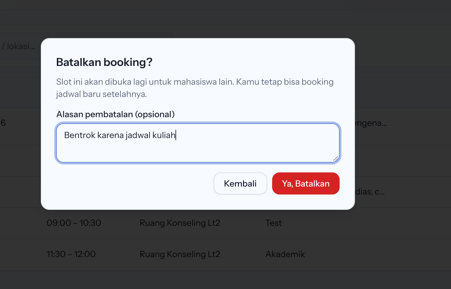 Jendela konfirmasi pembatalan booking