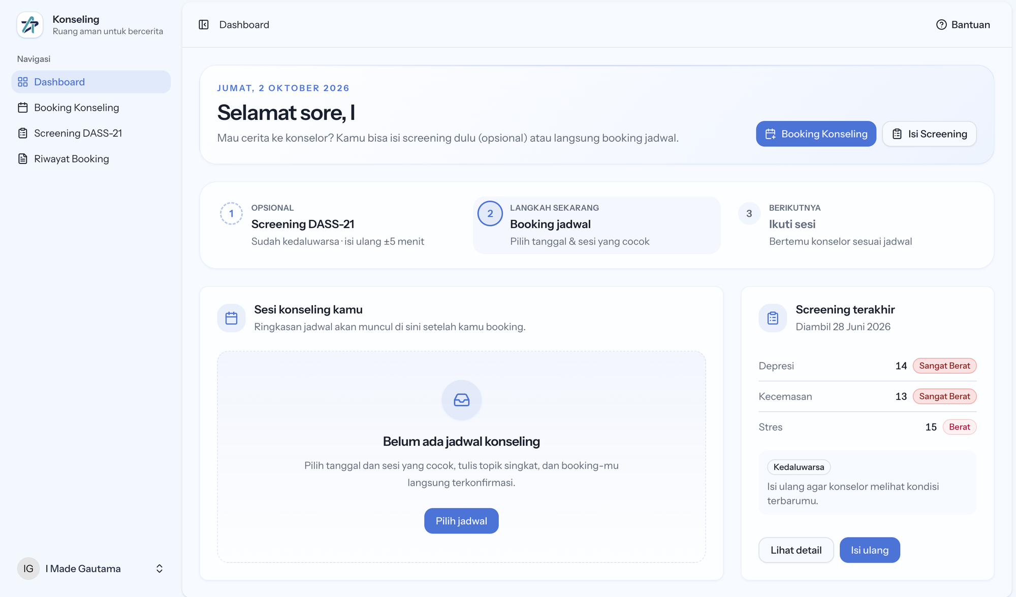 Tampilan Dashboard Mahasiswa