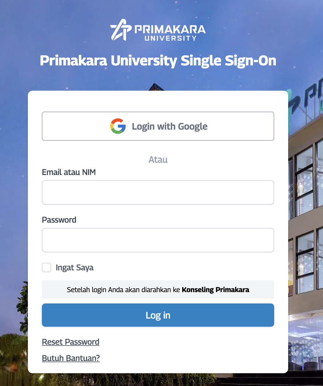 Halaman login SSO Primakara