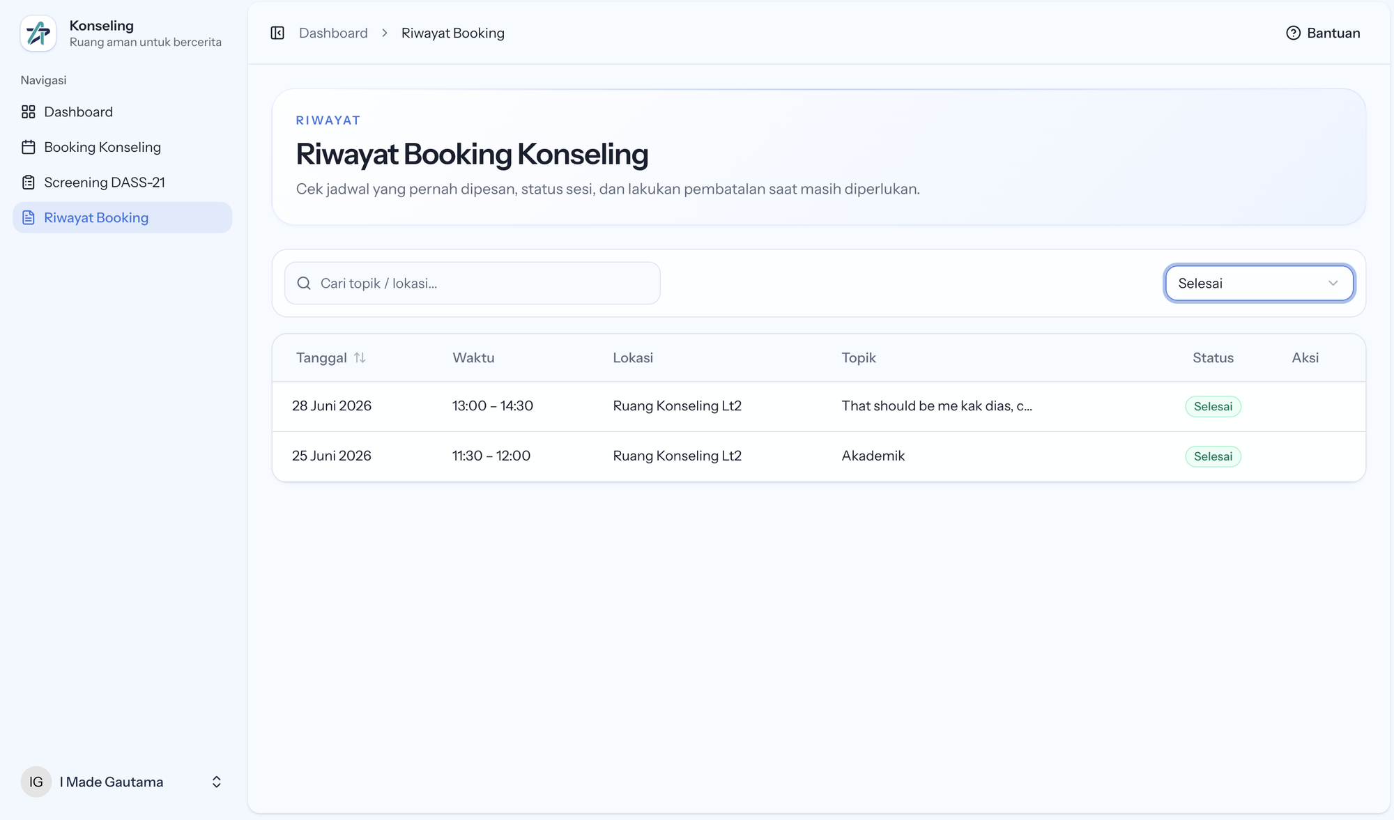 Halaman Riwayat Booking dengan filter status Selesai
